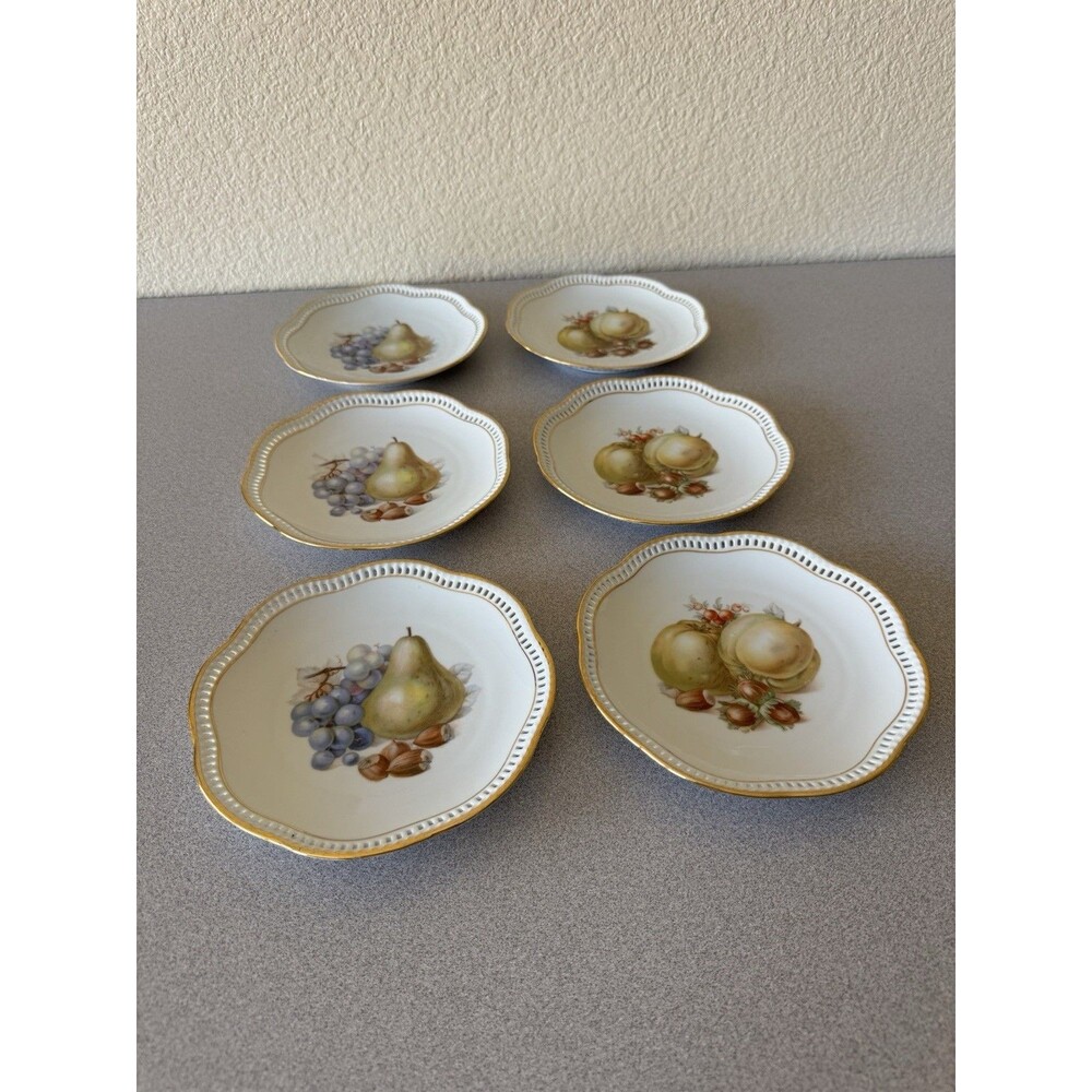 Vintage Schumann Arzberg Germany Fruit Plates Set of 6 Reticulated Gold Trim 7”